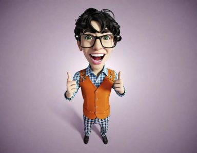 Homme souriant avec des lunettes, costume coloré et geste de pouce levé.